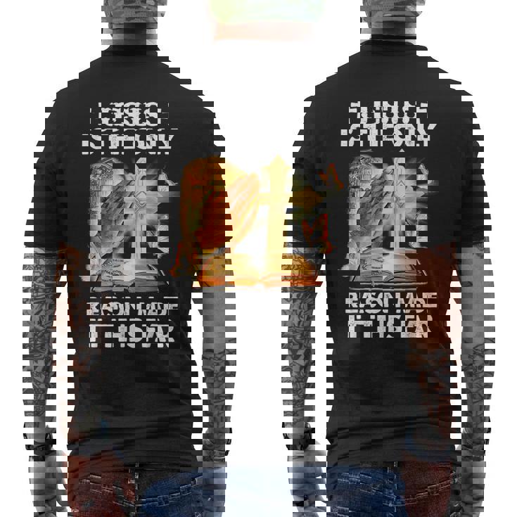 私がここまでたどり着いた唯一の理由はイエス様です メンズTシャツ バックプリント