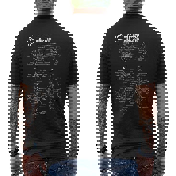 第二次世界大戦の日本軍航空機ゼロ戦の設計図 メンズTシャツ バックプリント