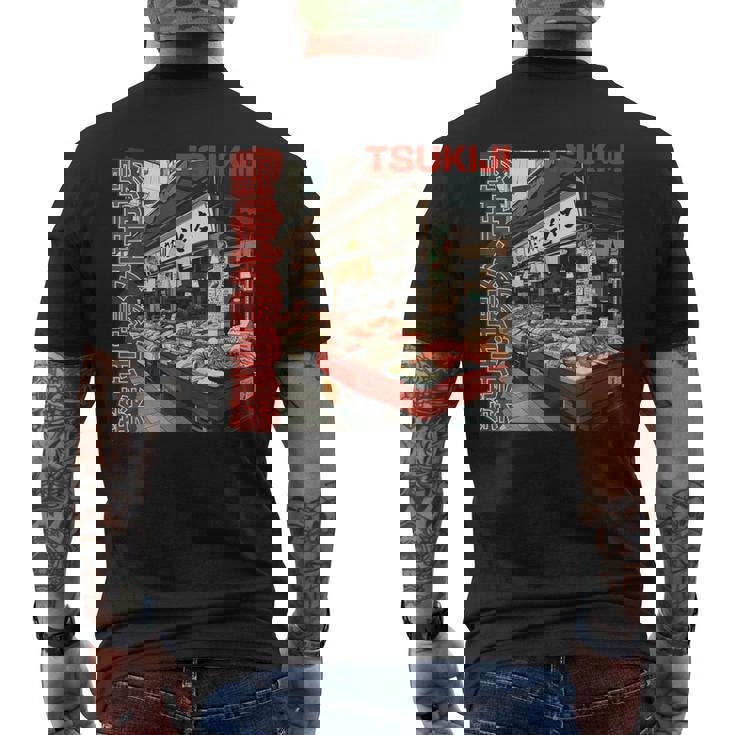 築地魚市場 日本 東京撮影 海鮮屋台 メンズTシャツ バックプリント