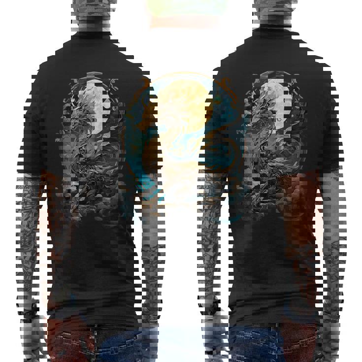 美しいルナゴールドドラゴン フローラルアートノボー メンズTシャツ バックプリント