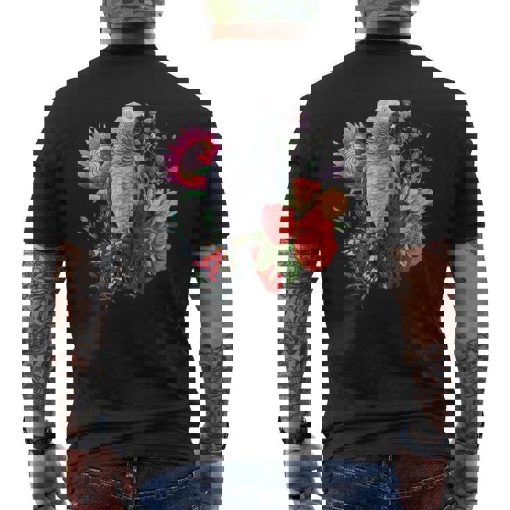 花と蝶とヨウム メンズTシャツ バックプリント