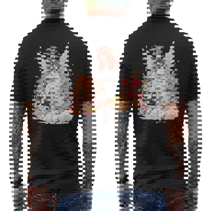 花に囲まれたライオンの天使 美しい天使 メンズTシャツ バックプリント