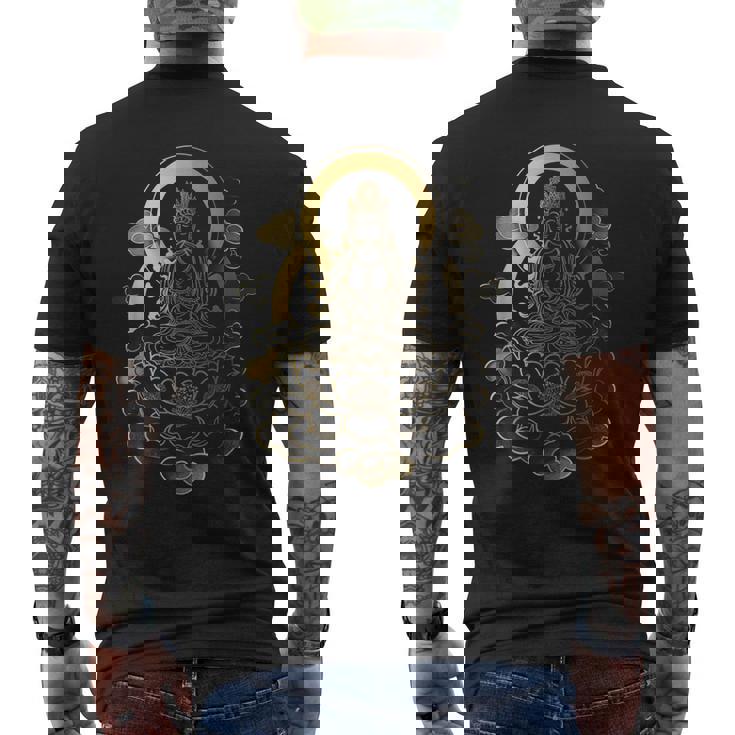 蓮の雲に座っている穏やかな仏陀 スピリチュアルマインドフルネス メンズTシャツ バックプリント