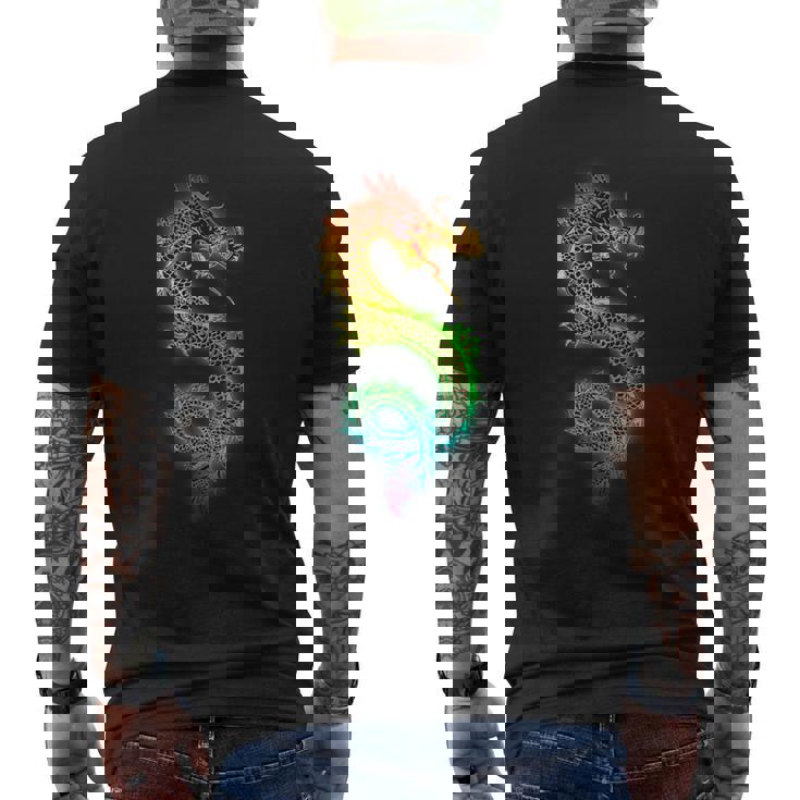 虹と中国の龍 メンズTシャツ バックプリント