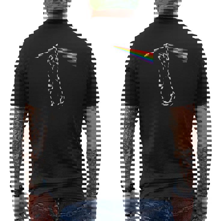 虹に光を曲げる猫、スペースプログレッシブロックミュージック メンズTシャツ バックプリント
