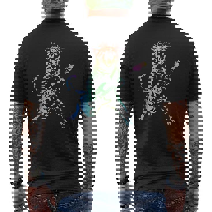 虹色グラデーションの猫のギターデザイン メンズTシャツ バックプリント