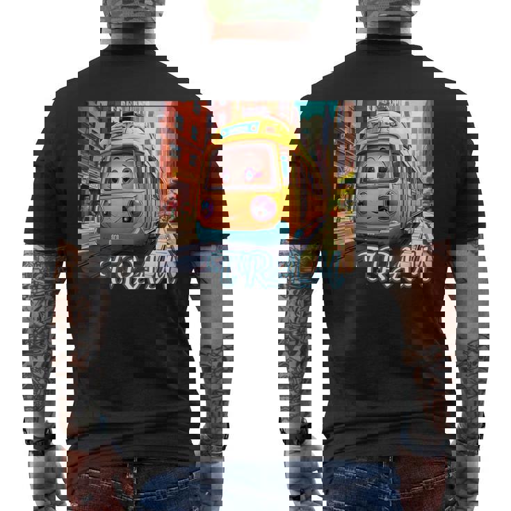 路面電車 Tram かわいい乗り物 おもちゃの乗り物 漫画風電車 鉄道ファン 鉄道旅行 鉄道模型ファン 鉄道風景 メンズTシャツ バックプリント