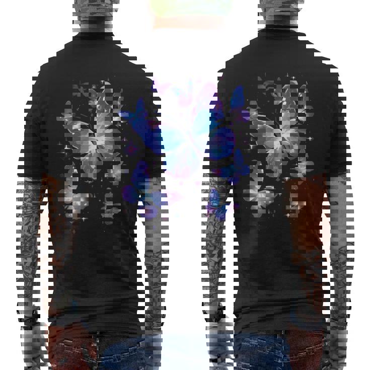 青と紫の模様の蝶たち 昆虫プリント メンズTシャツ バックプリント