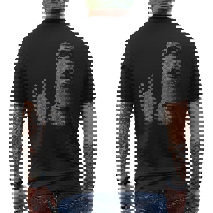 面白いイースター島のモアイ像のロッカーign Of The Horns メンズTシャツ バックプリント