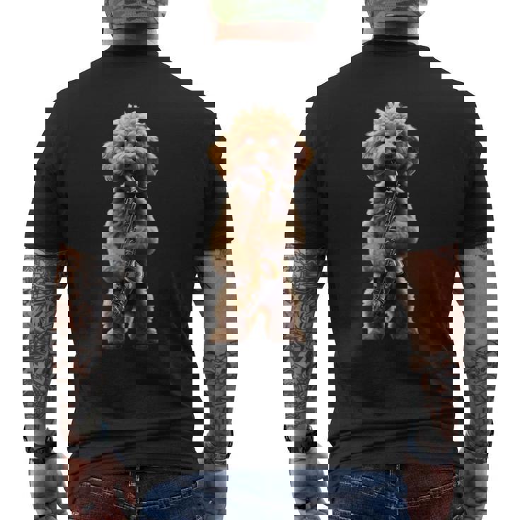 面白いオーケストラ サクソフォン ミュージシャン 落書き 犬 サックス メンズTシャツ バックプリント