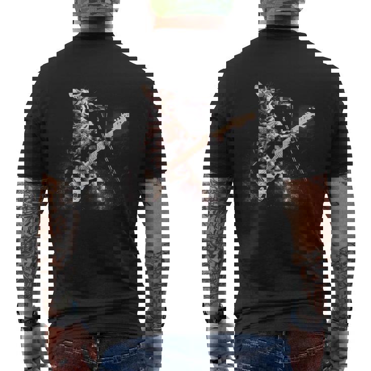 面白いギター猫 エレキギターで遊ぶ ロックスターキャット メンズTシャツ バックプリント