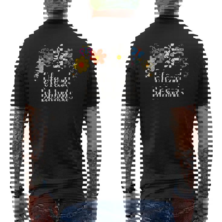 面白いコーヒーとダックスフントの花を言う メンズTシャツ バックプリント