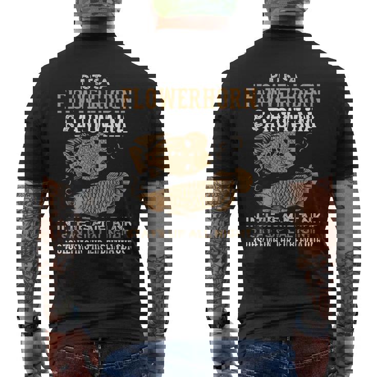 面白いフラワーホーンとアロワナのデザイン 魚族館 メンズTシャツ バックプリント