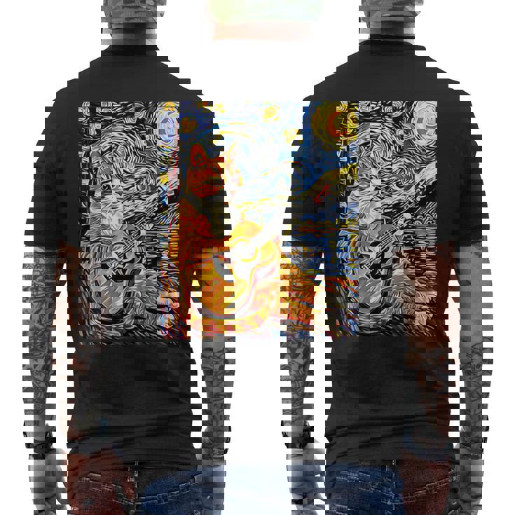 面白いレトロなデザインの猫がギターを弾く 星月夜 メンズTシャツ バックプリント