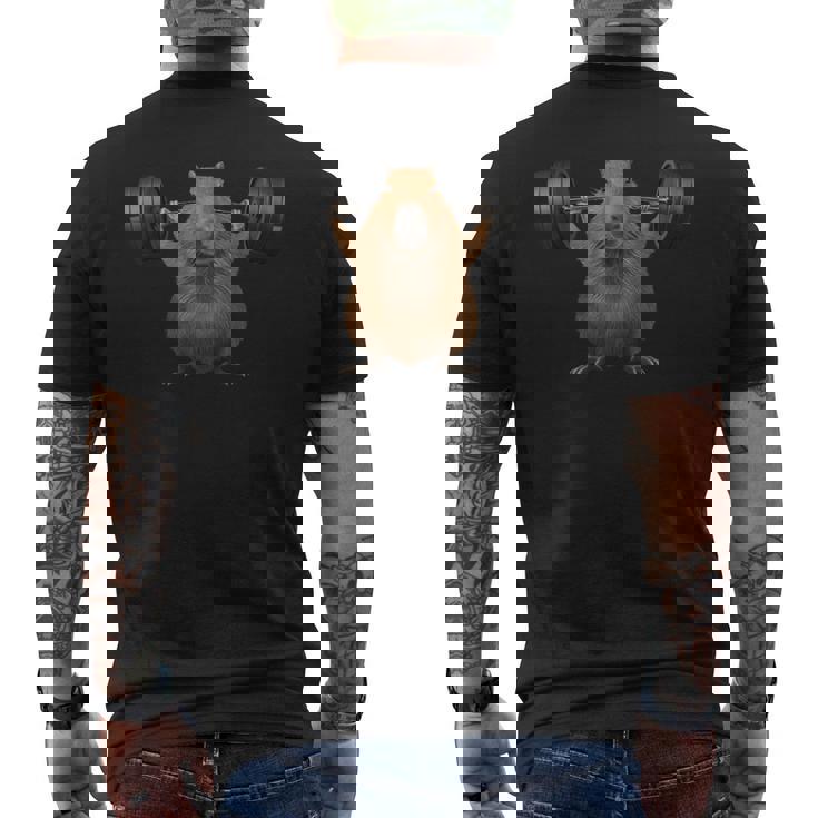 面白い動物 カピバラ げっ歯類 ウエイトリフティング フィットネスジム メンズTシャツ バックプリント