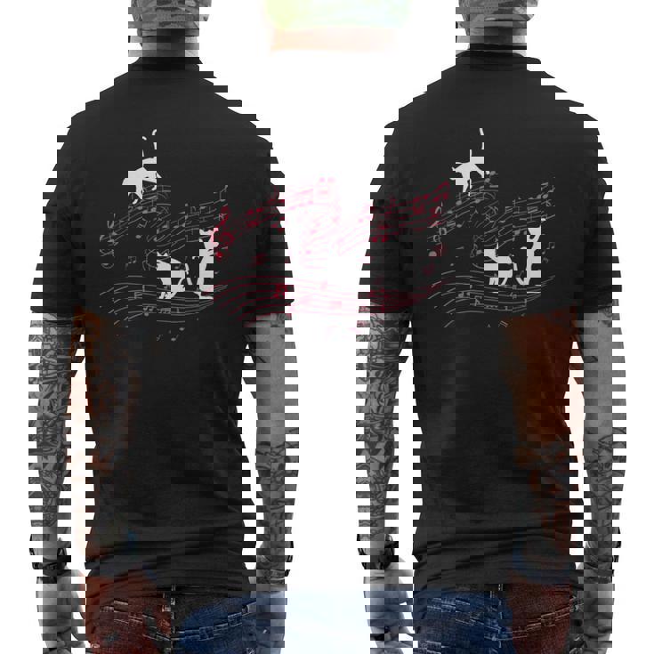 音符で遊ぶ3匹の猫 楽譜 メンズTシャツ バックプリント