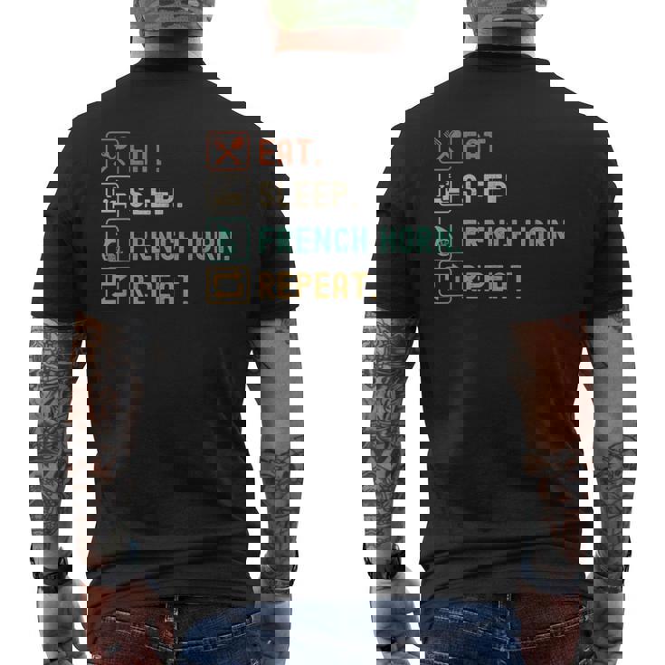 食べる、寝る、フレンチ ホルン リピート 面白いフレンチ ホルン愛好家 メンズTシャツ バックプリント