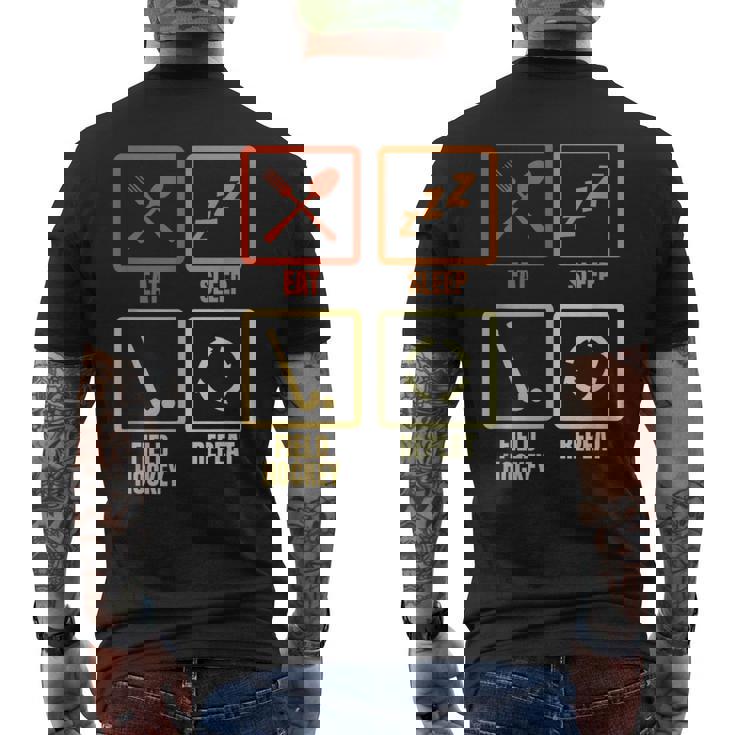 食べる寝るフィールドホッケーの繰り返し メンズTシャツ バックプリント