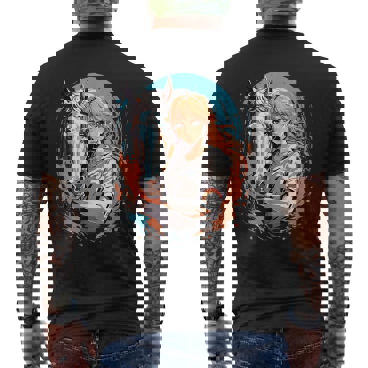 馬のファンのためのアニメガールの象徴的な乗馬デザイン。 メンズTシャツ バックプリント