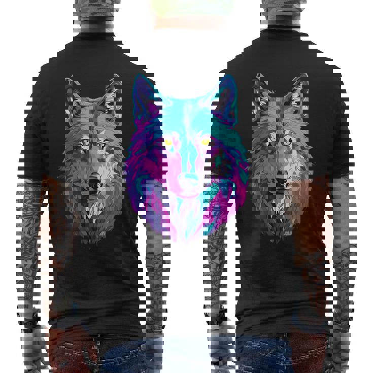 鮮やかなマルチカラーオオカミ メンズTシャツ バックプリント