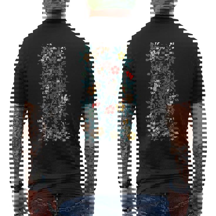 鳥 文鳥と花の模様 メンズTシャツ バックプリント