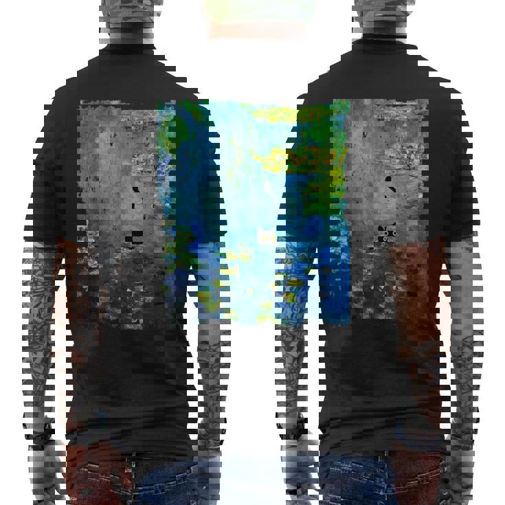 黒猫モネのスイレン絵画アート 猫好き メンズTシャツ バックプリント