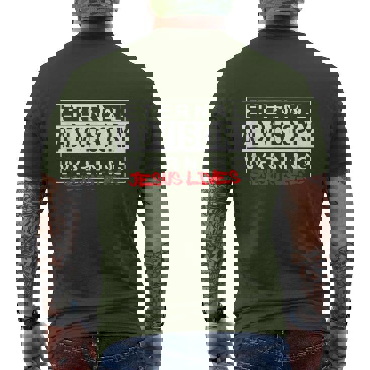Eternal Advisory Warning Jesus Lives Cool Christmas メンズTシャツ バックプリント