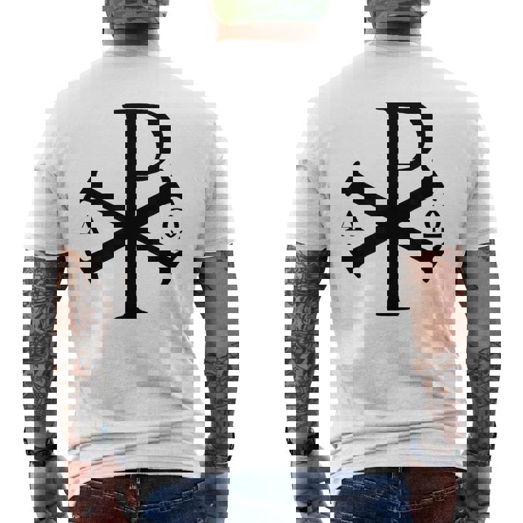 Chi Rho クリスチャン ゴッド アルファ オメガ イエスキリスト キリスト教 メンズTシャツ バックプリント