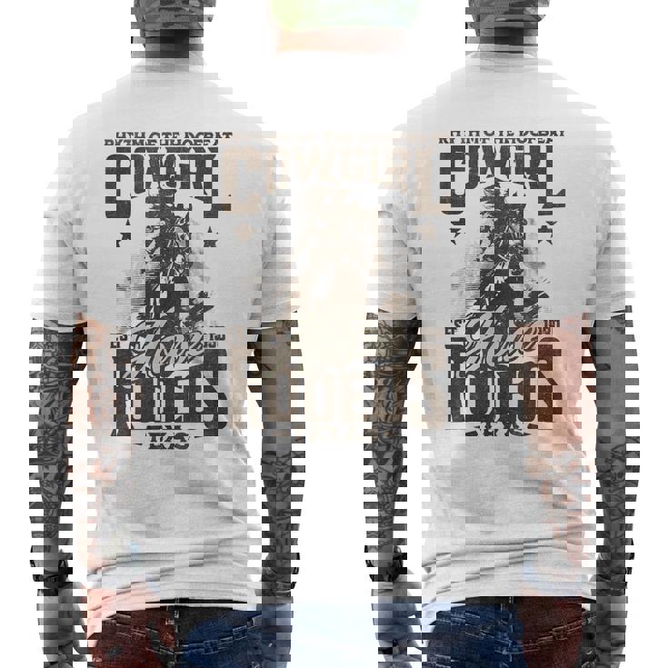 Hoofbeatのリズム カウガール 馬 ロデオ テキサスホース メンズTシャツ バックプリント