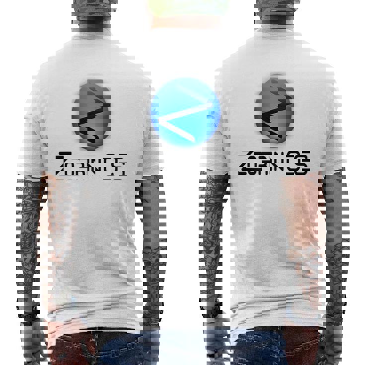 Linux Zorin Os タグラインとロゴ入り オープンソースos メンズTシャツ バックプリント