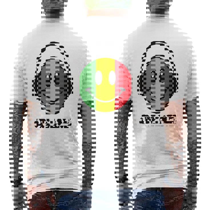 One Love ラスタ レゲエ 音楽 ヘッドホン スマイルフェイス ラスタファリ メンズTシャツ バックプリント