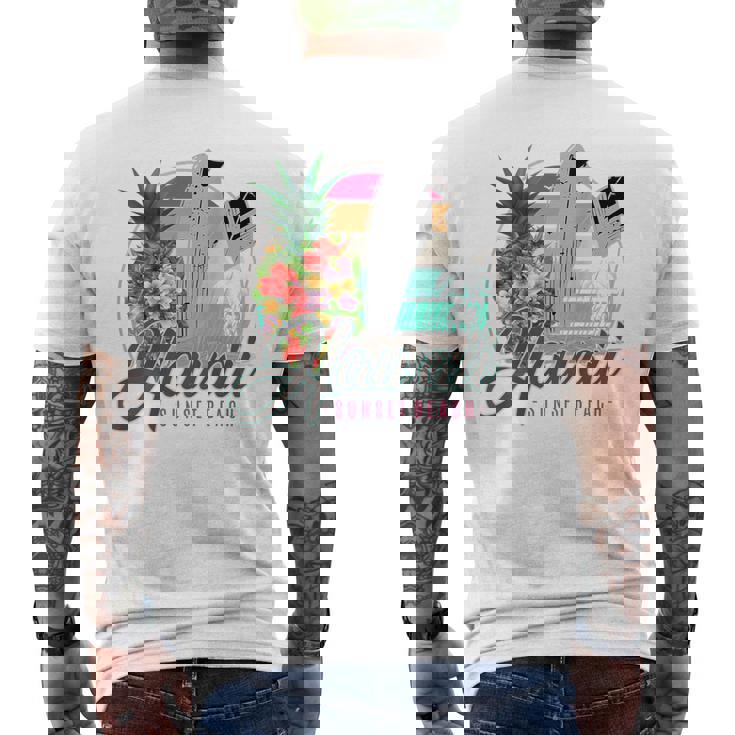 Sunset Beach Hawaii、サーフィンサーフボードレトロ、バックプリント メンズTシャツ バックプリント