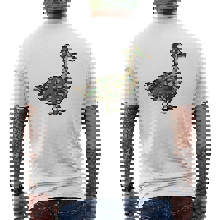 「鴨フラージュ」かも カモフラージュ 迷彩 ダジャレ 駄洒落 動物 鳥 カモ 鳧 カムフラージュ 兵士 軍隊 軍人 国防 メンズTシャツ バックプリント