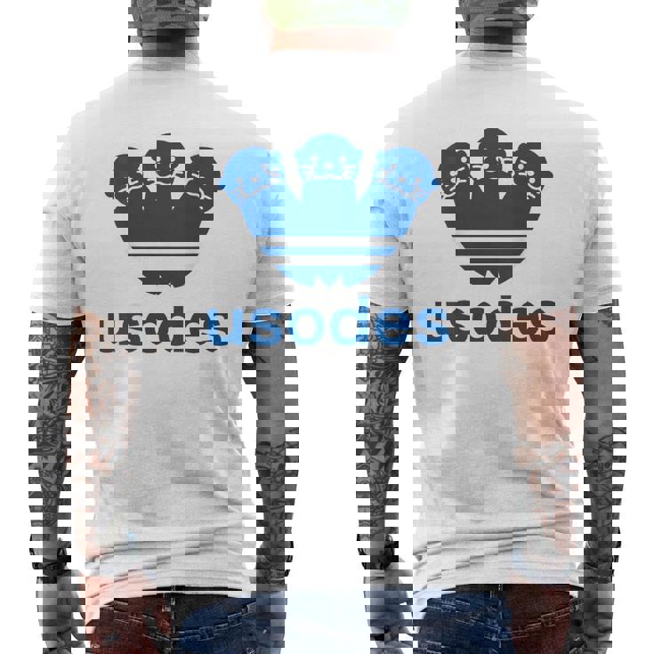 【バックプリント・背中側】ウソデス Usodes かわうそです。《ブルー 青》スポーツ ブランド パロディ 面白い メンズTシャツ バックプリント