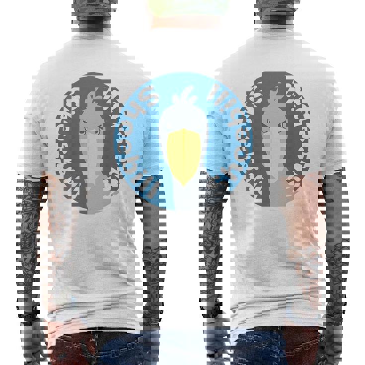 【バックプリント・背中側】ハシビロコウ『ロゴマーク』ブルー 青【どうぶつフレンズ】鳥 動物 ゆるくて かわいい イラスト メンズTシャツ バックプリント