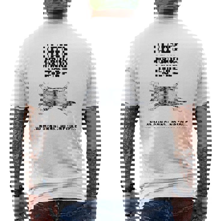 おかしな怠惰な猫 私は朝の人と朝と人が嫌いです メンズTシャツ バックプリント