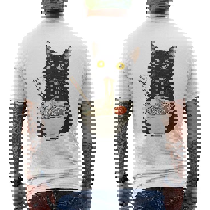 おもしろ猫 食べる 麺 ラーメン 日本猫 食べる 麺 メンズTシャツ バックプリント