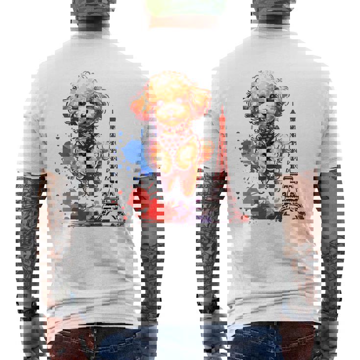 かわいい フランス パリ エッフェル塔 トイプードル パリ ジャンプ 子犬 メンズTシャツ バックプリント