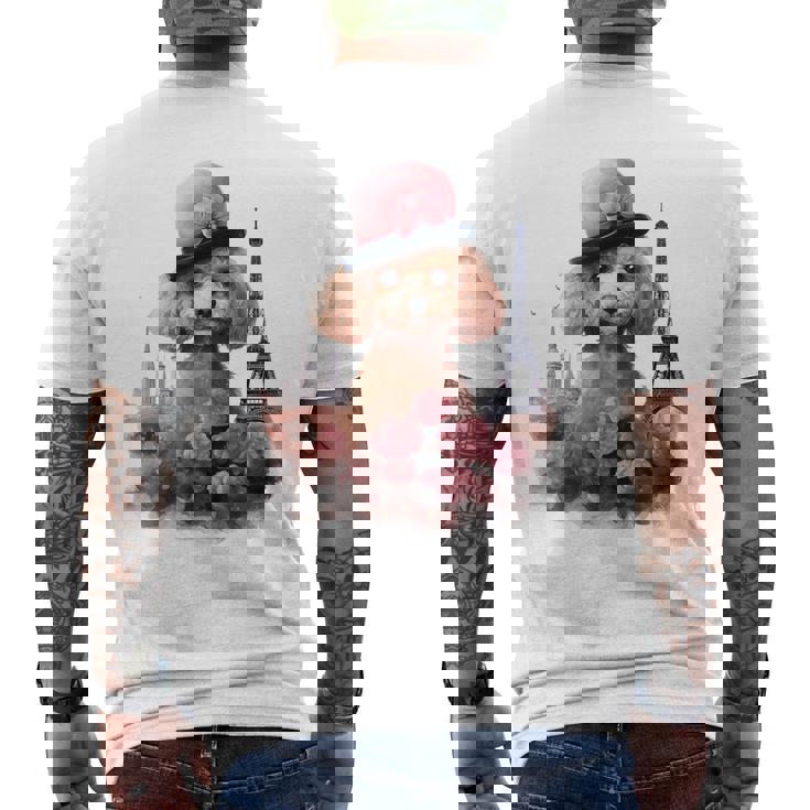 かわいいフレンチパリエッフェル塔トイプードル パリジャンプードル メンズTシャツ バックプリント