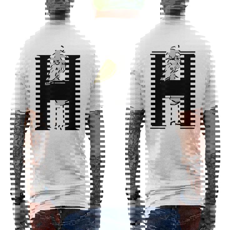 みんな大好きハシビロコウ 動かない鳥 はしび郎クラブ Hアルファベット ロゴ メンズTシャツ バックプリント