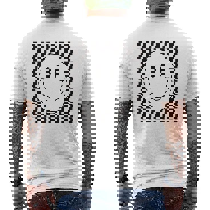 イエロー スマイル フェイスシャツ かわいい チェック柄 スマイル ハッピー メンズTシャツ バックプリント