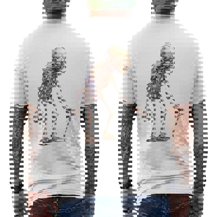 エイリアン スケルトン クリーチャー 松葉杖 スティック メンズTシャツ バックプリント