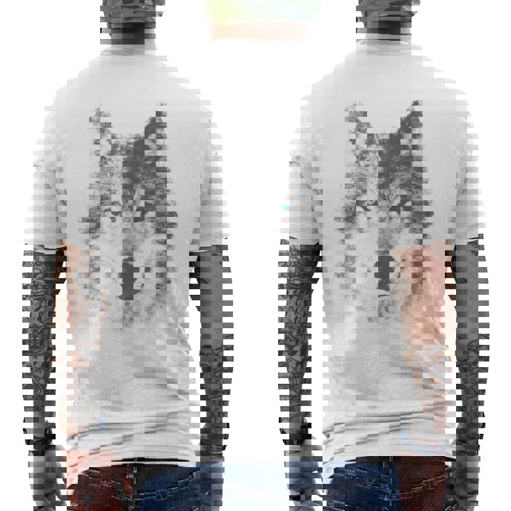 オオカミの顔 青い目 美的スマッジアートスタイル 野生動物 メンズTシャツ バックプリント