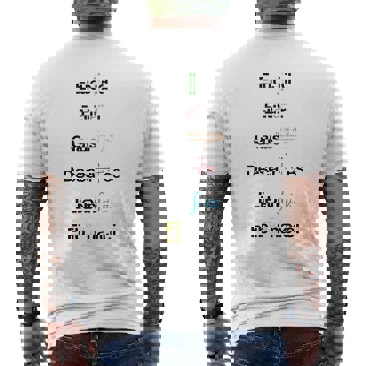 オタク数学ユークリッドオイラーガウスデカルトライプニッツフィボナッチ メンズTシャツ バックプリント