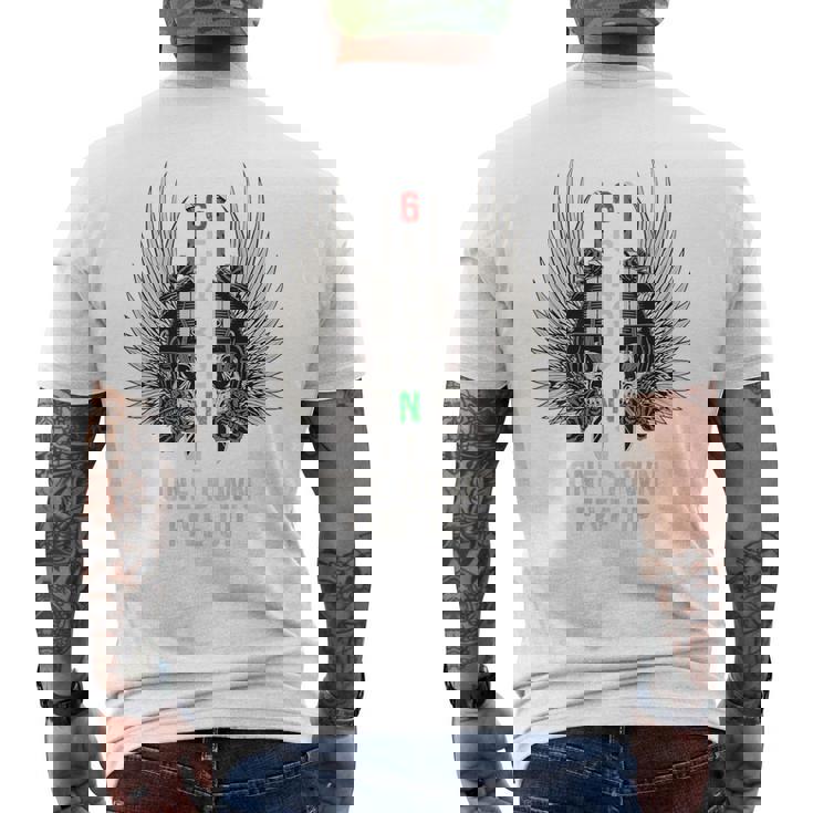 オートバイのギアシフト 1 ダウン 5 アップ バイカー スカル 背面 メンズTシャツ バックプリント