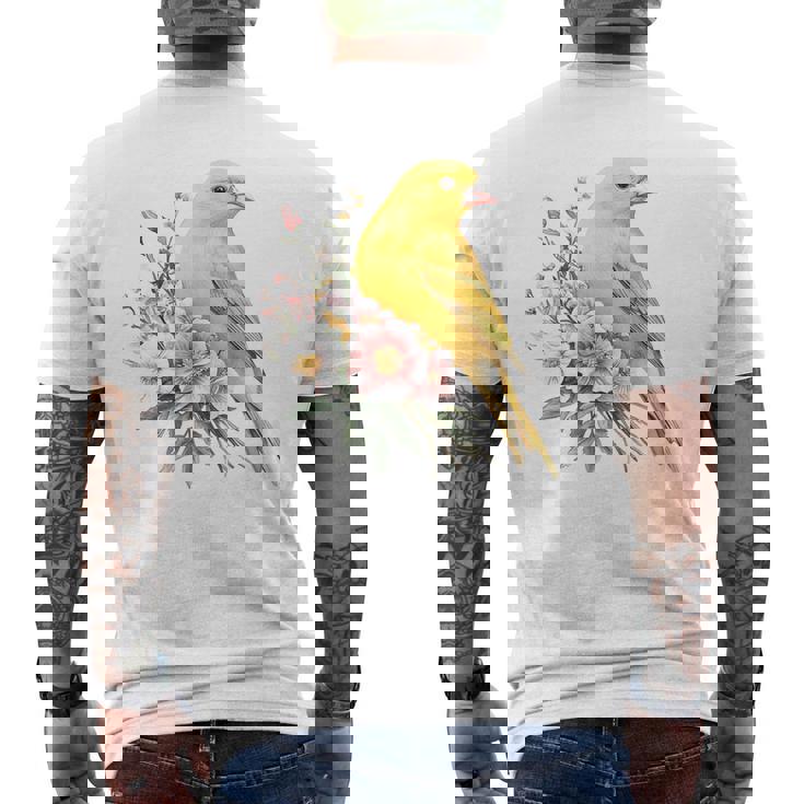 カナリアの鳥好き、ピンクの花のかわいい鳥、自然。 メンズTシャツ バックプリント