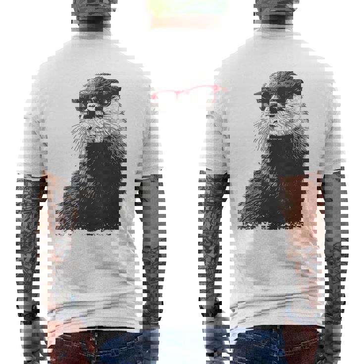 カワウソ アニマル柄 動物園 図面 イラスト 顔 カワウソ メンズTシャツ バックプリント