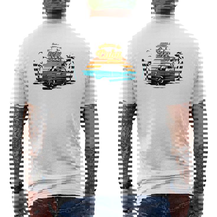 キューバ ヴィンテージカー ラム酒 葉巻 ビーチ 夕日 サーフボード ヤシの木 ハバナ ギフト お土産 太陽 カリブ海 メンズTシャツ バックプリント