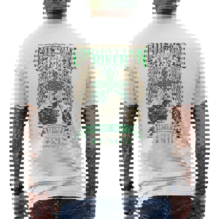 キリスト教バイカーライドウィズジーザスオートバイバックプリントデザイン メンズTシャツ バックプリント