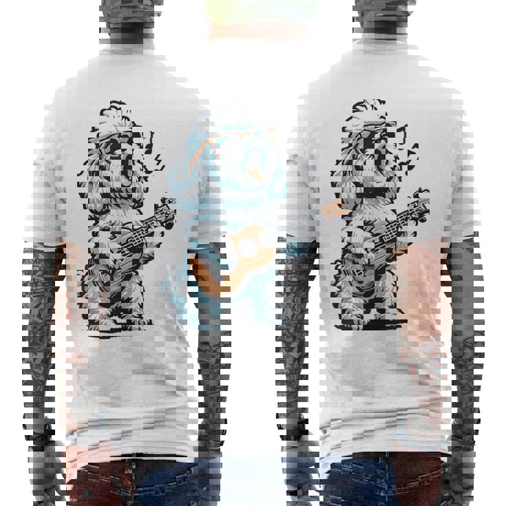 ギターを弾く犬 マルチーズプードル 面白い落書き メンズTシャツ バックプリント